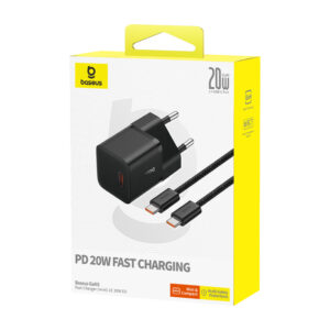 Baseus GaN5 Fast Charger(Mini) 1C 20W EU Cluster Black(With: Baseus Dynamic 3 Series Fast Charging Data Cable Type C to Type C 100W 1m Cluster Black)